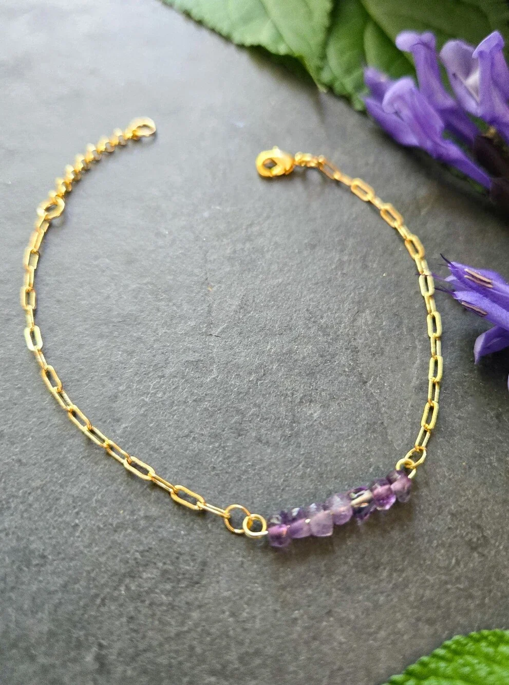NWT Artisan-Made Amethyst 24k Gold-Plated Paperclip Chain Bracelet
